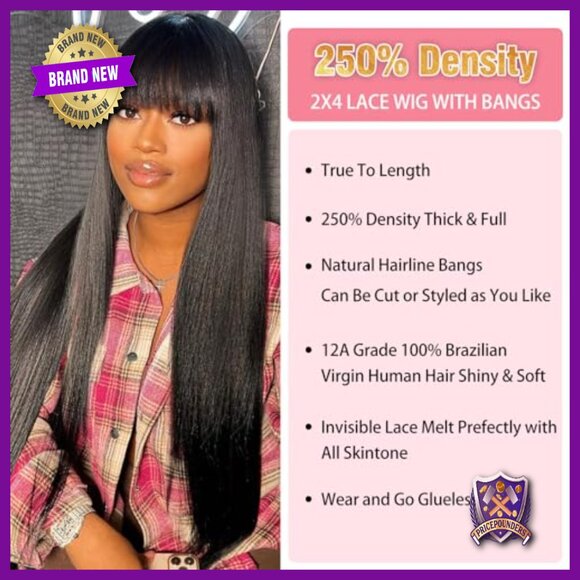 250 Density HD Lace Front Wig with Bangs, Glueless Brazilian Human Hair 22 Inch